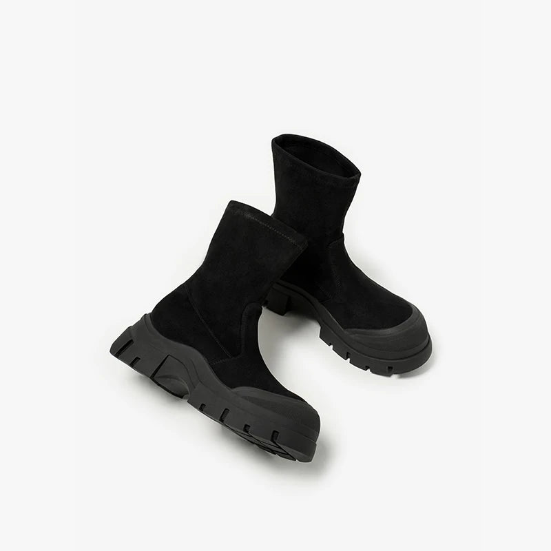 Women’s Stretch Fabric Sock Boots – Handmade Round Toe Slip-On Platform Boots in Solid Color