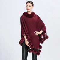 Women's Asymmetric Poncho Scarf with Fur Ball Decoration - HER SHOP