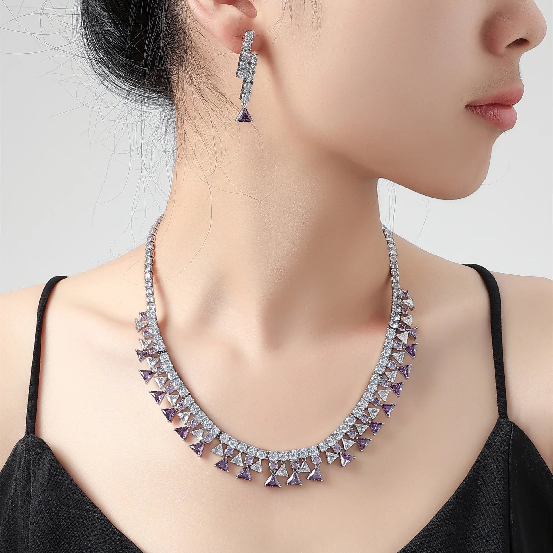 Geometric Triangle Zircon Jewelry Set for Women – Shiny Necklace & Earrings for Dubai Bridal Wedding or Party Gift - HER SHOP