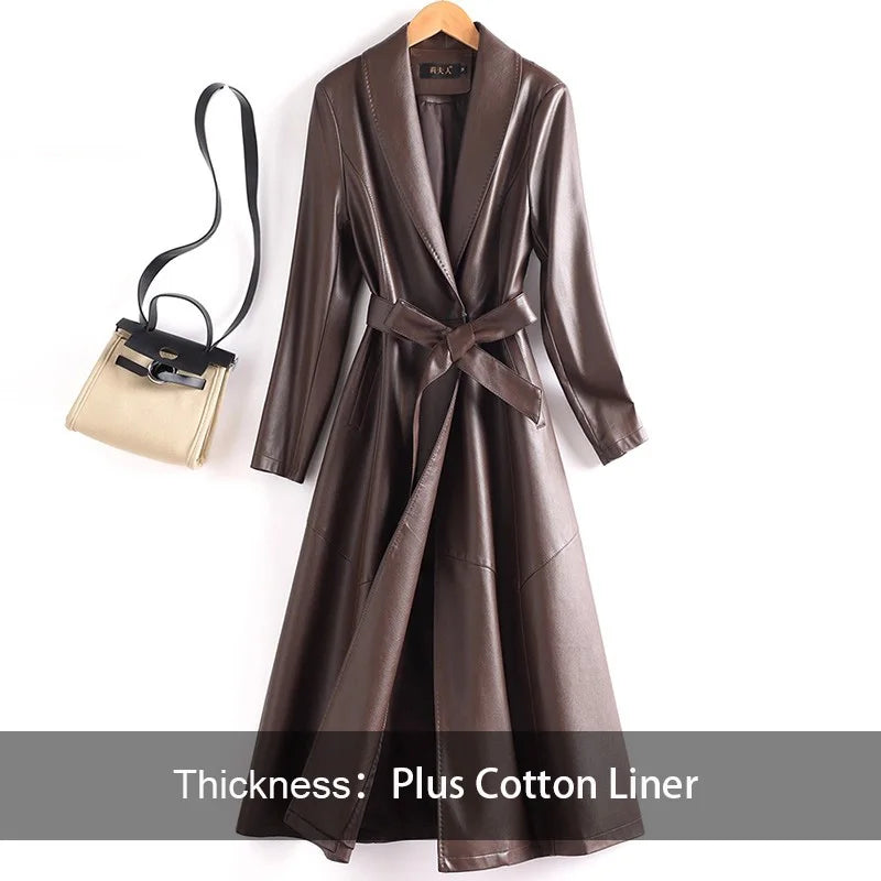 New Elegant Women’s Split Leather Trench Coat | Slim Waist Belted Long Coat with Suit Collar | Spring & Autumn Fashion Casual Outerwear