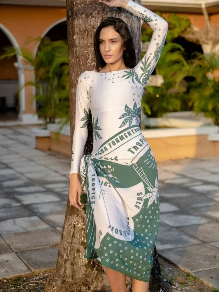 Retro Printed Bikini Set with Skirt Cover-Up
