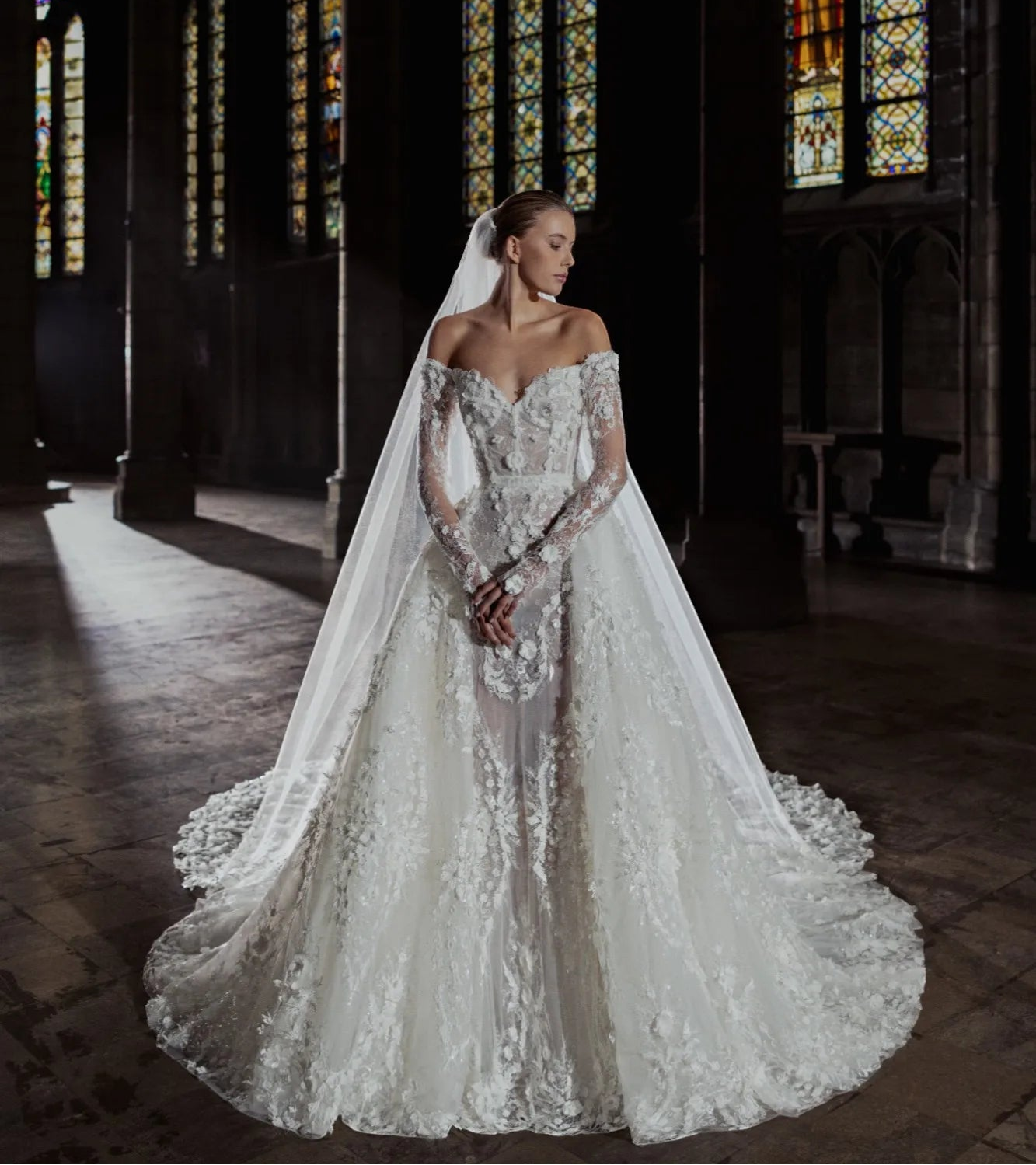 Luxury Mermaid Wedding Dress Long Sleeve Lace Gown Detachable Skirt Custom Design - HER SHOP