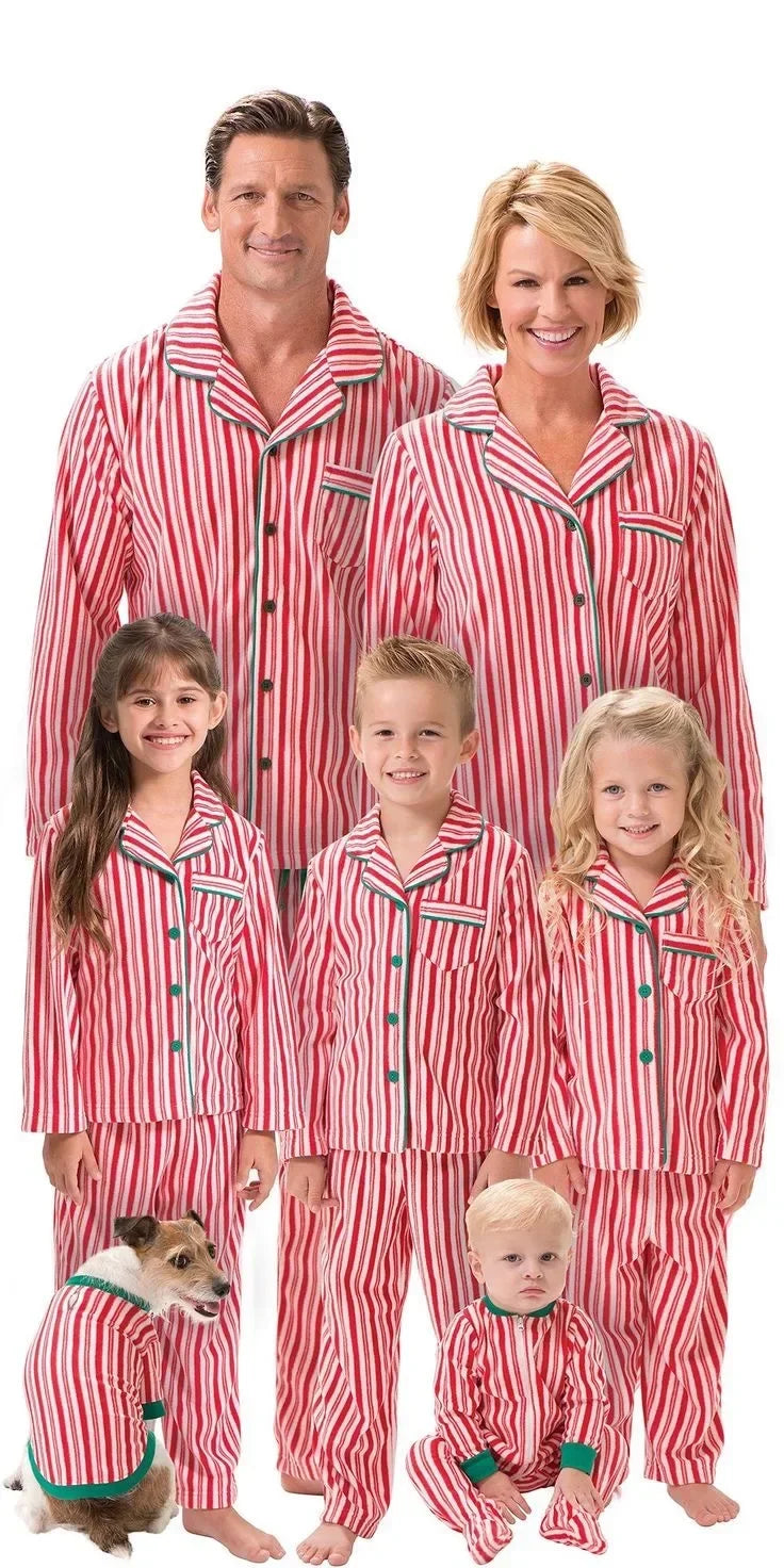 Christmas Family Matching Pajamas Set — Striped Print Button Shirt & Pants for Mom, Dad, Kids, and Baby