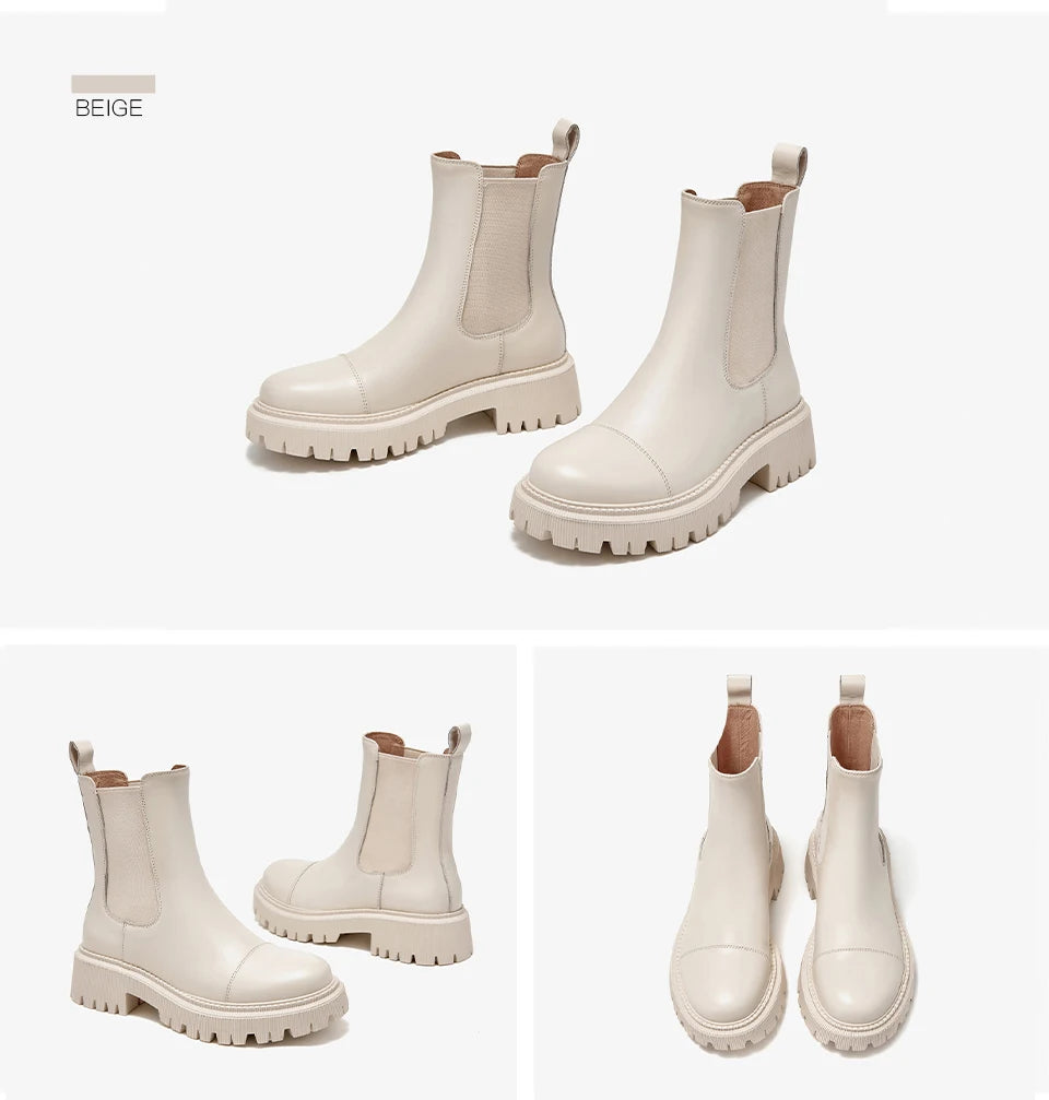 Women’s Genuine Cow Leather Ankle Boots – White Round Toe Platform Boots with Stitching Design