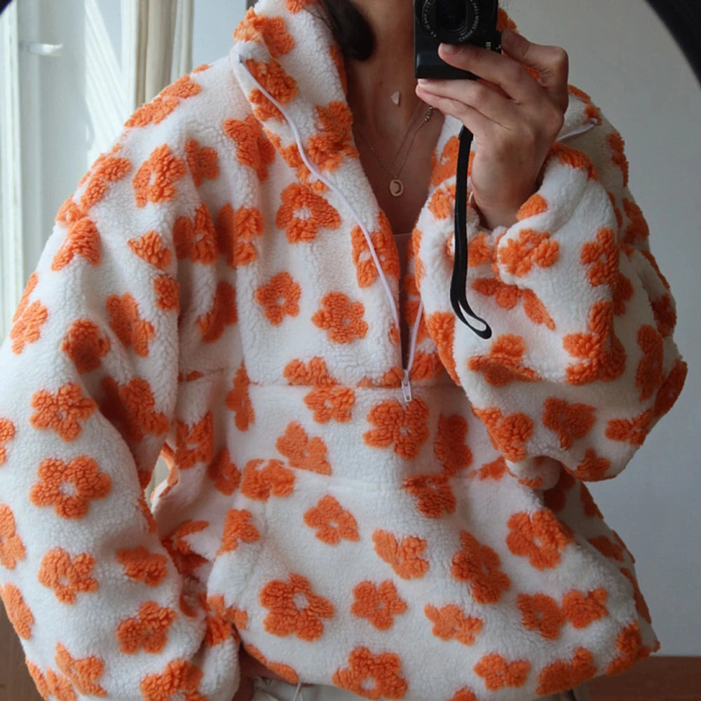 Fashion Print Contrast Pullover Oversized Zipper Knit Long-Sleeve Top  –  Casual, Warm Vintage Sweatshirt for Women, Perfect for Office Wear