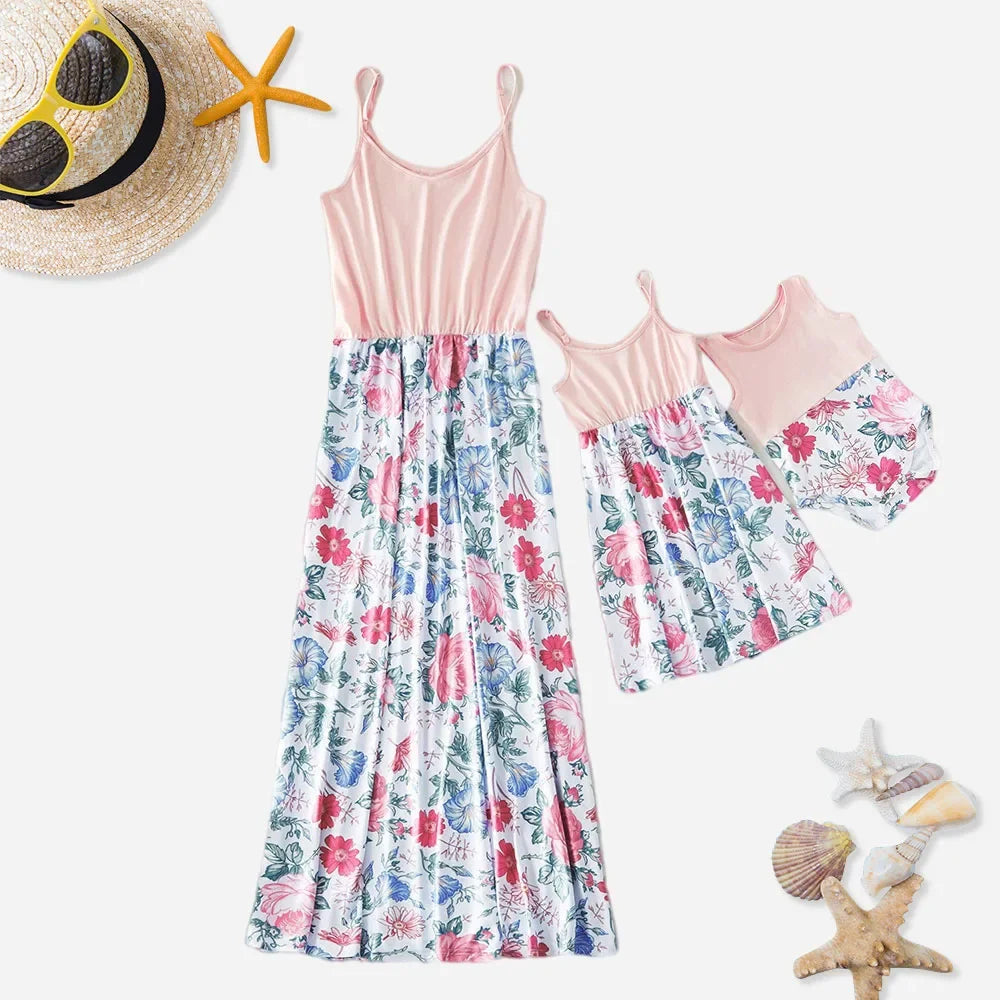 Fashion Mom and Daughter Dress Spring Summer Holiday Beach Dress Floral Patchwork Long Dress Baby Romper Mommy and Me Clothes