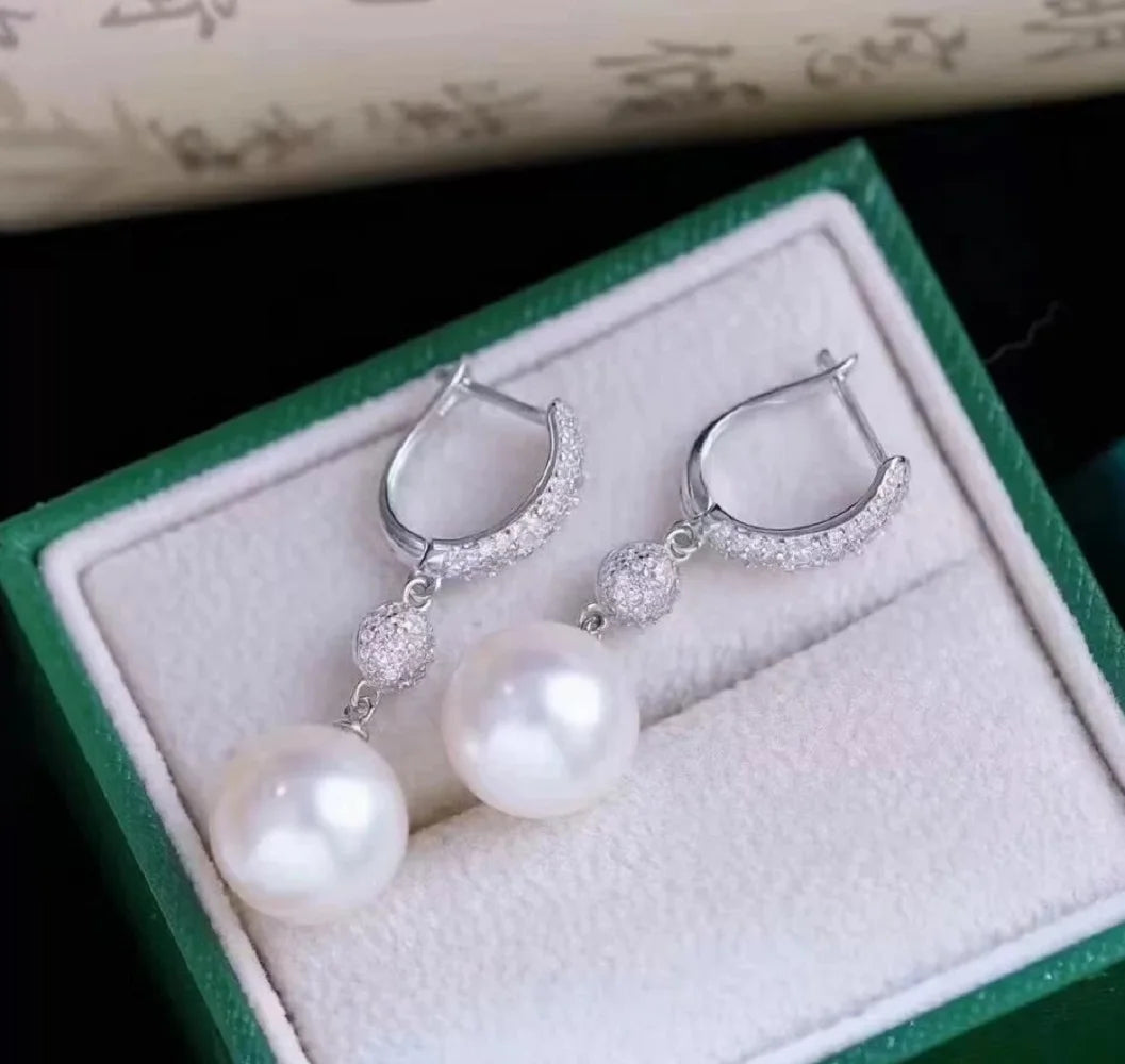 AAA10-11mm 11-12mm Natural South Sea Round White Pearl Earrings 925s Exquisite Earrings - HER SHOP