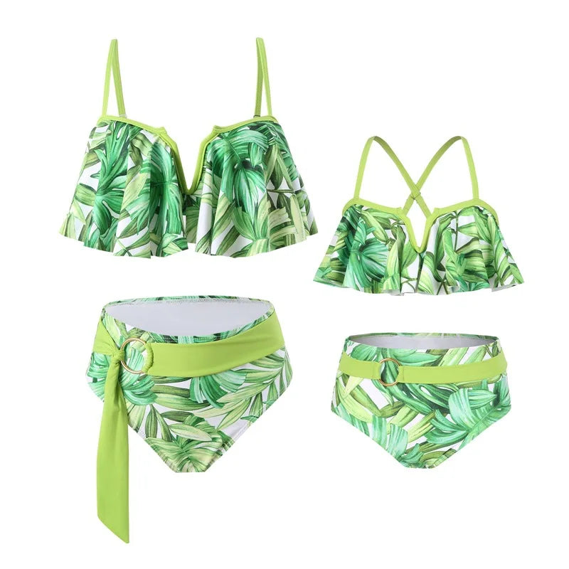 Leaf Print Swimwear Family Matching Outfits Look Mother Daughter Bikini Swimsuits Mommy and Me Clothes Dad Son Swimming Trunks