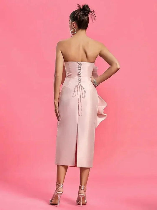 Midi Dress for Women - Elegant Pink & White Strapless Design with Sexy Tight Fit & 3D Flower Detail - Celebrity Party Dress Summer 2024 - HER SHOP