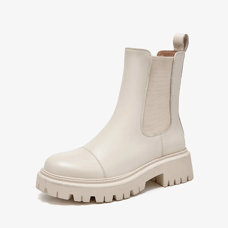 Women’s Genuine Cow Leather Ankle Boots – White Round Toe Platform Boots with Stitching Design