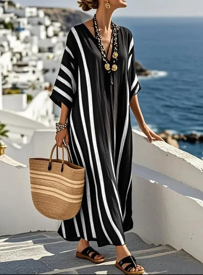 2026 Spring/Autumn Ethnic Print Maxi Dress V-Neck, Striped Contrast, Trumpet Sleeves, Loose Fit Vacation Long Dress for Women