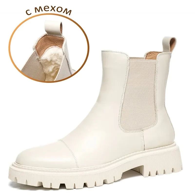 Women’s Genuine Cow Leather Ankle Boots – White Round Toe Platform Boots with Stitching Design