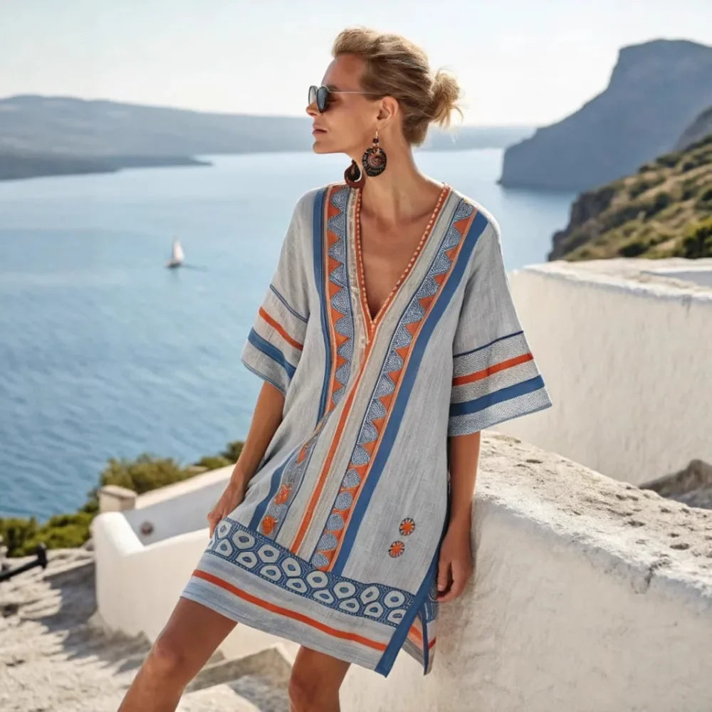 Vintage Striped Sexy V-Neck Summer Dress – Women's Short Sleeve Beach & Vacation Style