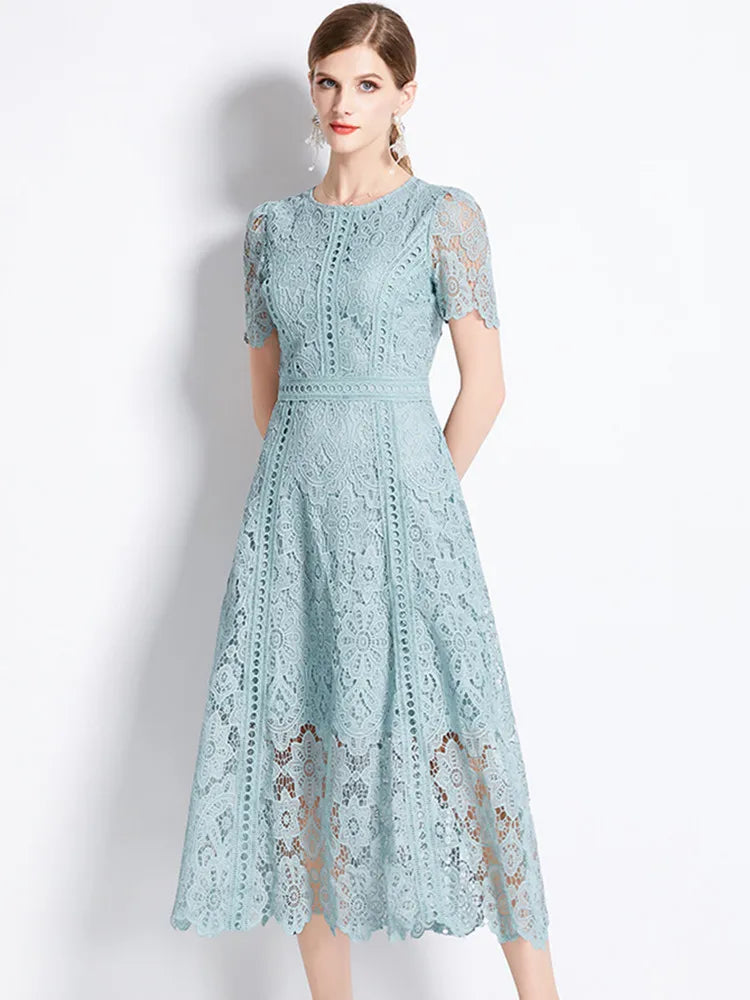 JAMERARY Vintage Holiday Lace Hollow Out Prom Dress For Women's Summer Slim Elegant Short Sleeve Long Dress Female Clothing - HER SHOP