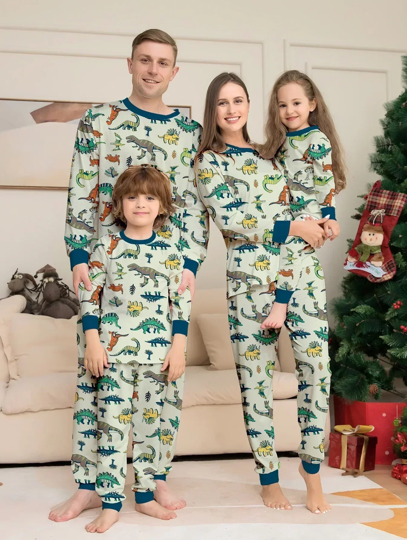 New 2025 Christmas Matching Outfits Dinosaur All Over Print Pajamas Set Mom Dad Kids 2 Pieces Suit Baby Romper Xmas Family Look - HER SHOP