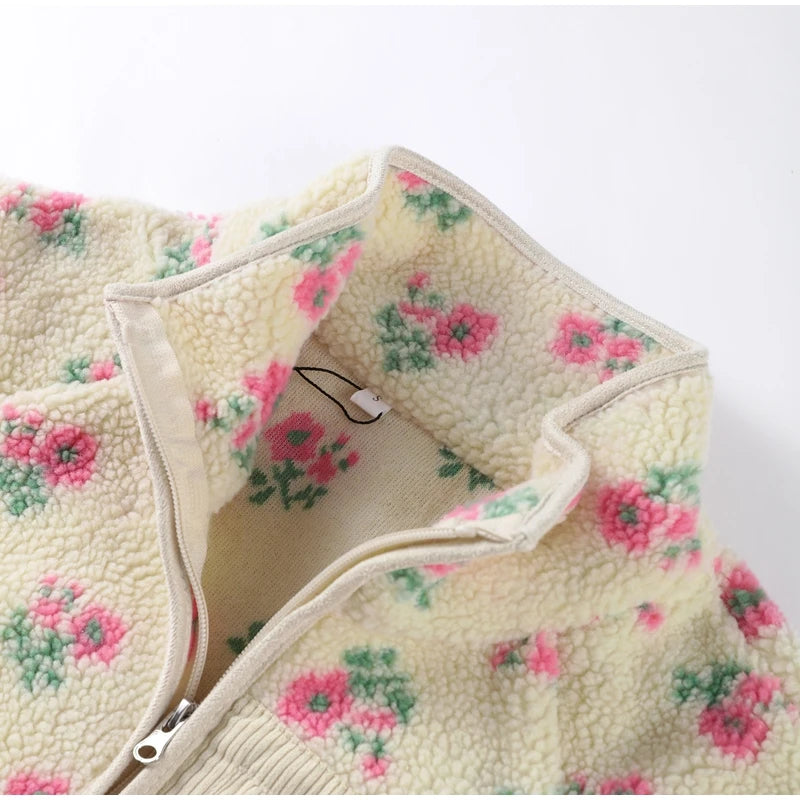 Retro Printed Plush Zipper Short Jacket Women Casual Loose High Neck Pocket Jackets Coat Lady 2025 Versatile Chic Street Outwear