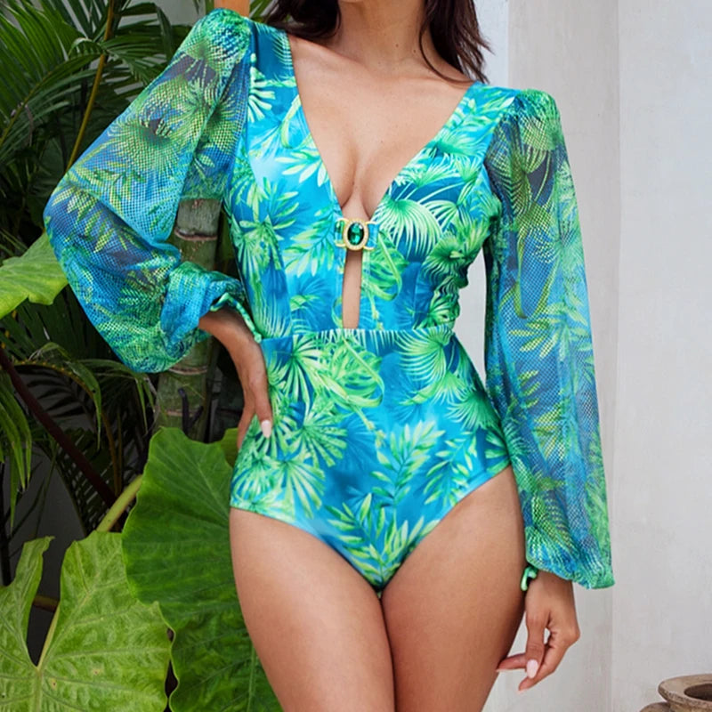 Jungle Green Deep V One-Piece Swimsuit with Skirt