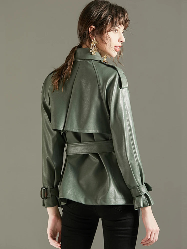 Women'sFaux Leather PU Jacket  –  Green Lapel Belted Coat, Loose Office Lady Outwear