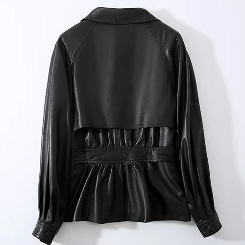 Black leather jacket displayed on a white background