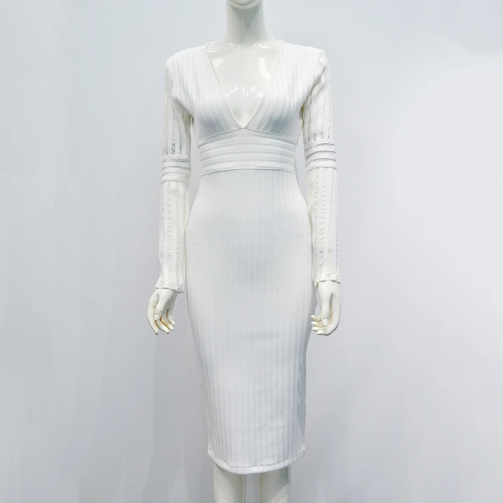 White Mesh Plunge V-Neck Long Sleeve Bandage Bodycon Dress – Elegant Hollow-Out Office Lady Party Dress