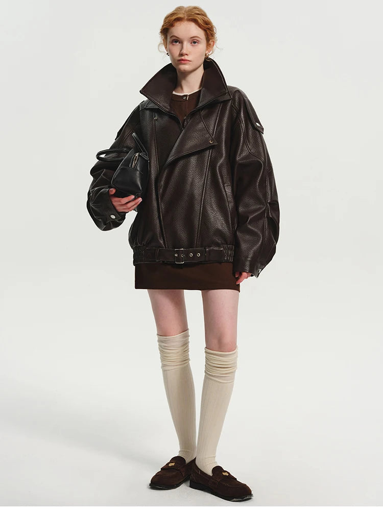 Women’s Oversized Brown PU Leather Jacket – Retro American Style, Long Sleeve Zip-Up, Luxury Designer-Inspired Outerwear for Spring & Autumn