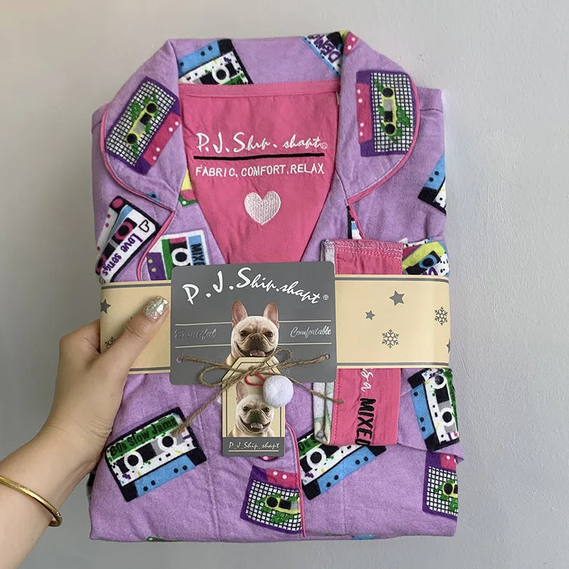 Women’s Cotton Cartoon Pajama Set – Long Sleeve Shirt & Pants Holiday Loungewear