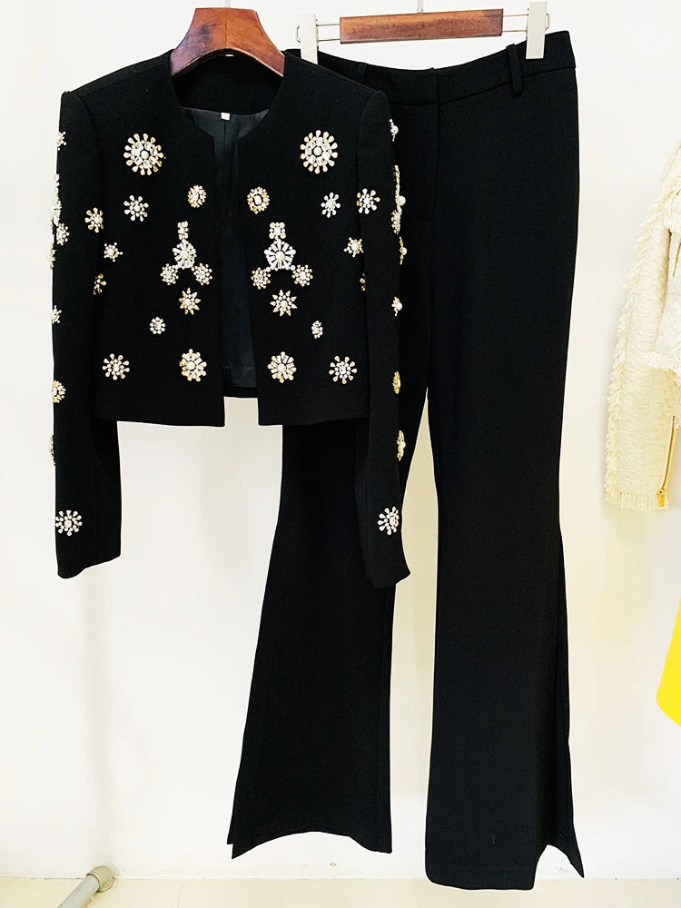 HIGH STREET Newest Fashion Designer Suit Set Women's Pearls Diamonds Rhinestone Beaded Trimed Jacket Flare Slit Pants Suit