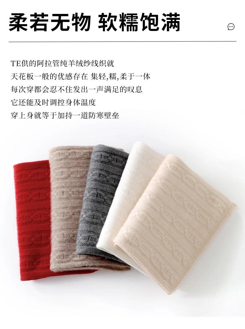 100% Cashmere Autumn Winter Three-Ply Twist Pattern Unisex Scarf Neck Warmer Shawl Cold-Proof Thickened Neck Gaiter