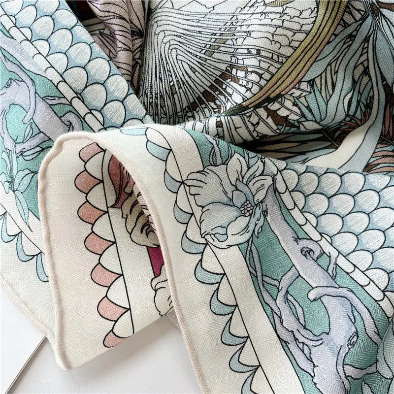 Women’s Large Square Wool & Silk Blanket Scarf – Double-Sided Printed Shawl Cape, 130×130cm