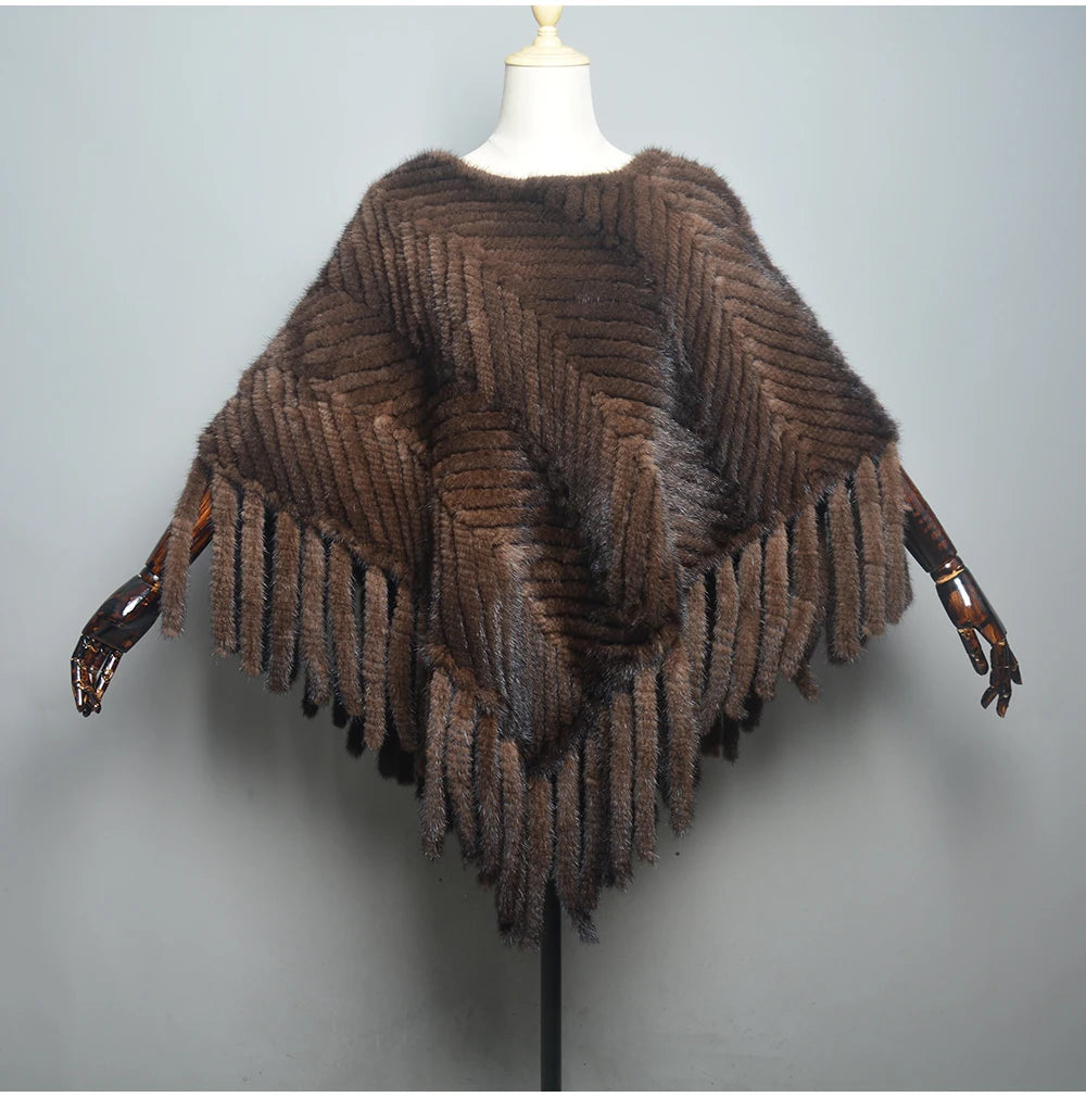 2024 Hot Sale Women Real Fur Poncho Black Brown Knitted Natural Mink Fur Scarves Shawl Lady Fashion 100% Genuine Mink Fur Shawls