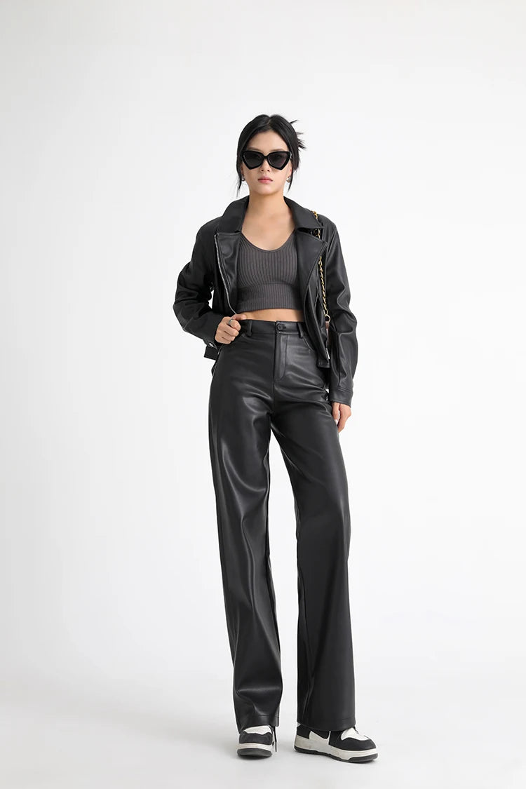 Fall Winter Fleece Loose Wide Leg Warm Leather Pants Women Button Pocket High Waist Thick PU Casual Straight Pants
