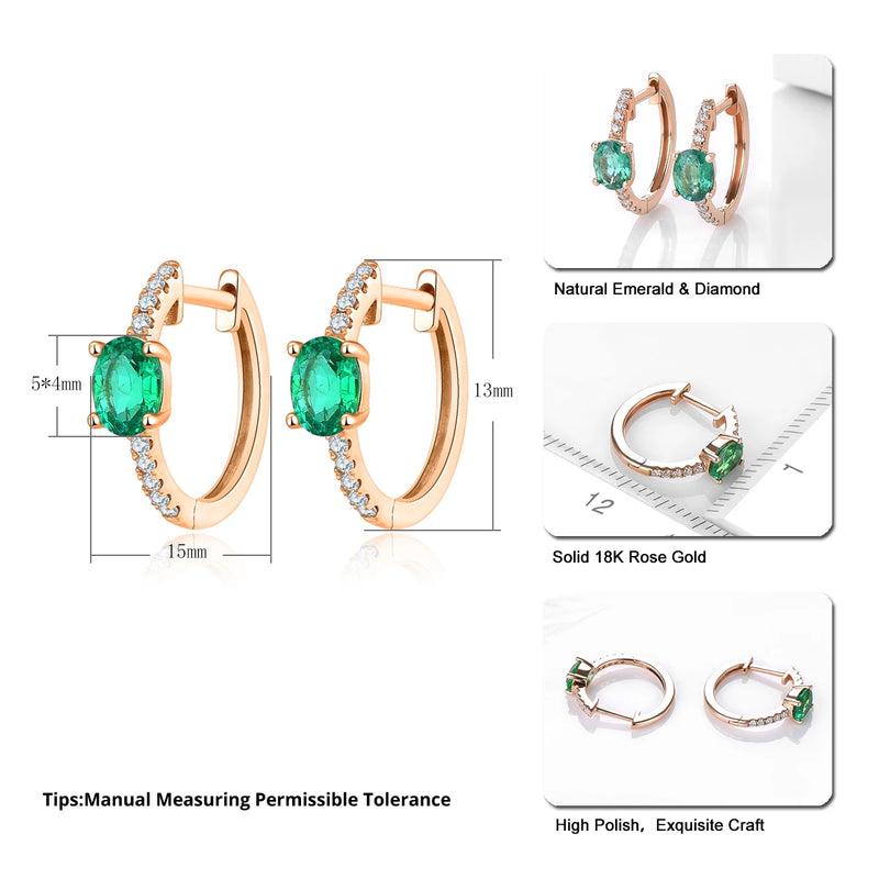 Solid 18K Rose Gold Earrings - 0.6 Carat Natural Emerald, 0.182 Carat Diamond Jewelry for Women