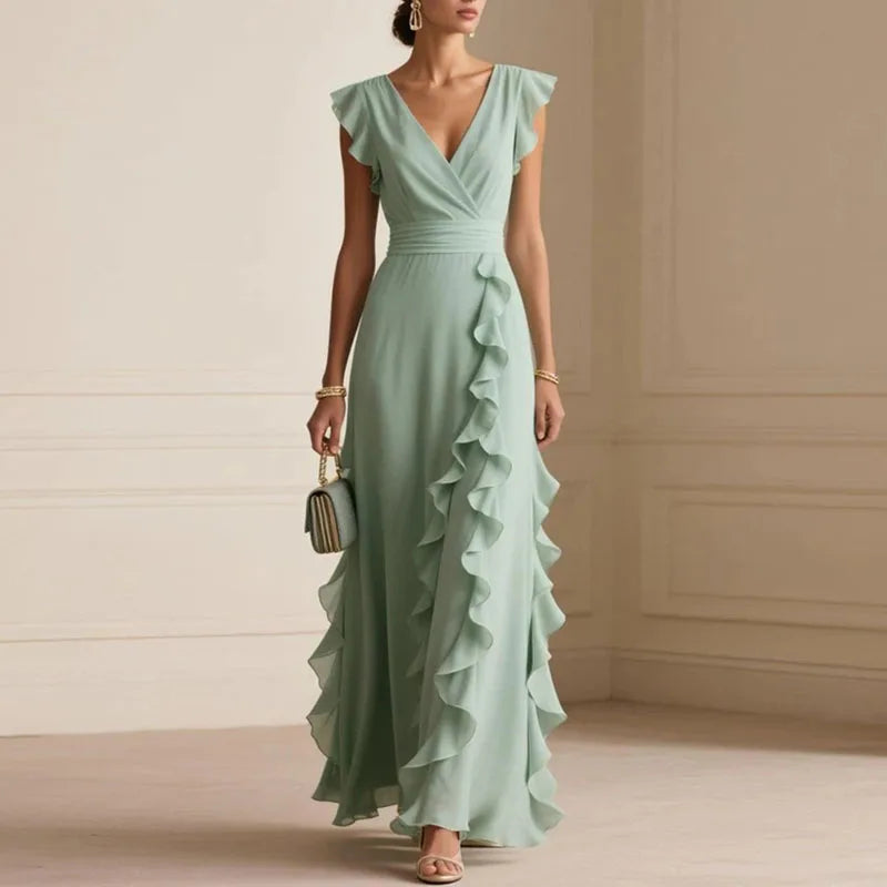 Boho Long Ruffle Dress – Women's V-Neck High Waist Butterfly Sleeve Maxi Dress - HER SHOP