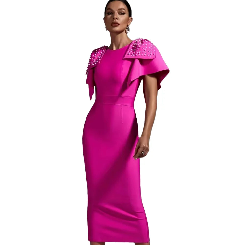Rose Red Bow Sleeve Beaded Bandage Midi Dress – Elegant Slim Fit Evening Party Dress