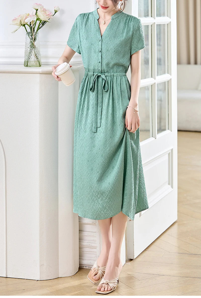19 Momme Real Silk Elegant Fashion Dresses For Women 2026 Summer V-neck Short Sleeve Drawstring Office Lady Long Dress A-line