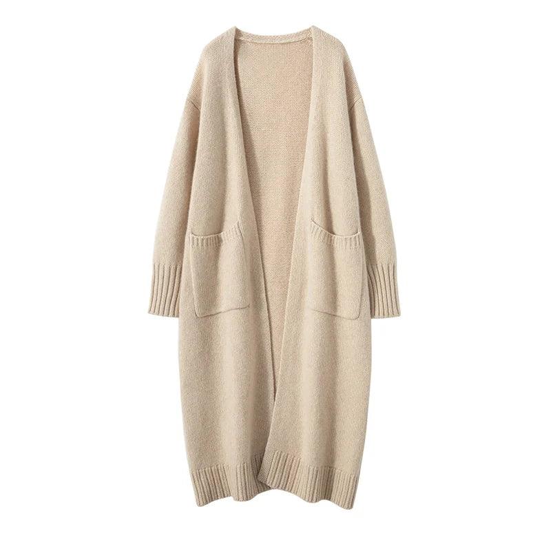 Autumn/Winter Women's 100% Cashmere Thickened V-Neck Cardigan Sweater – Loose, Long, and Stylish Solid Coat