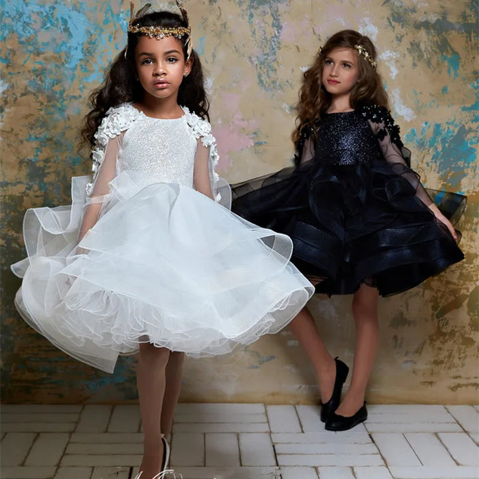 Long Sleeve Sequin Flower Girl Dress with 3D Floral Appliques - Jewel Neck, Tulle, Knee-Length Party & Pageant Gown