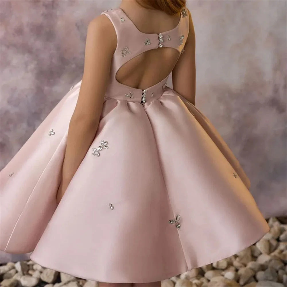 Princess Satin Flower Girl Dress with Crystals & Pearls – Kids Ball Gown for Wedding, Birthday, or First Communion