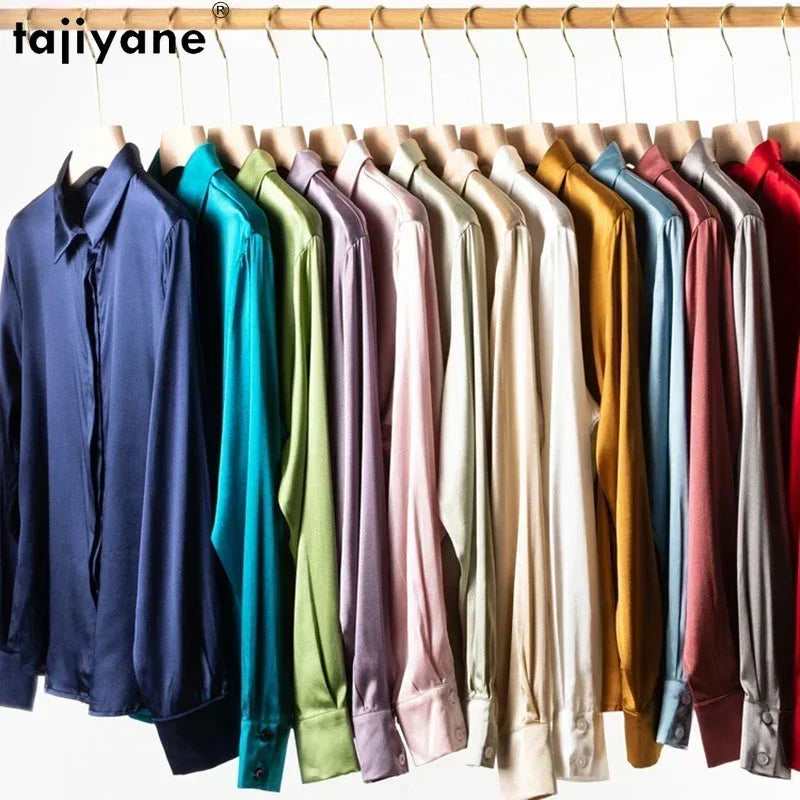 Tajiyane Women's 93% Mulberry Silk 7% Spandex 19 momme satin Silk Buttons long sleeve shirt Top Blouse office work chemise femme - HER SHOP