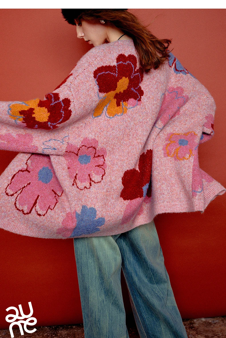 Women’s Floral Jacquard Knit Cardigan Coat – V-Neck Button Front Office-Style Jacket for Spring & Fall