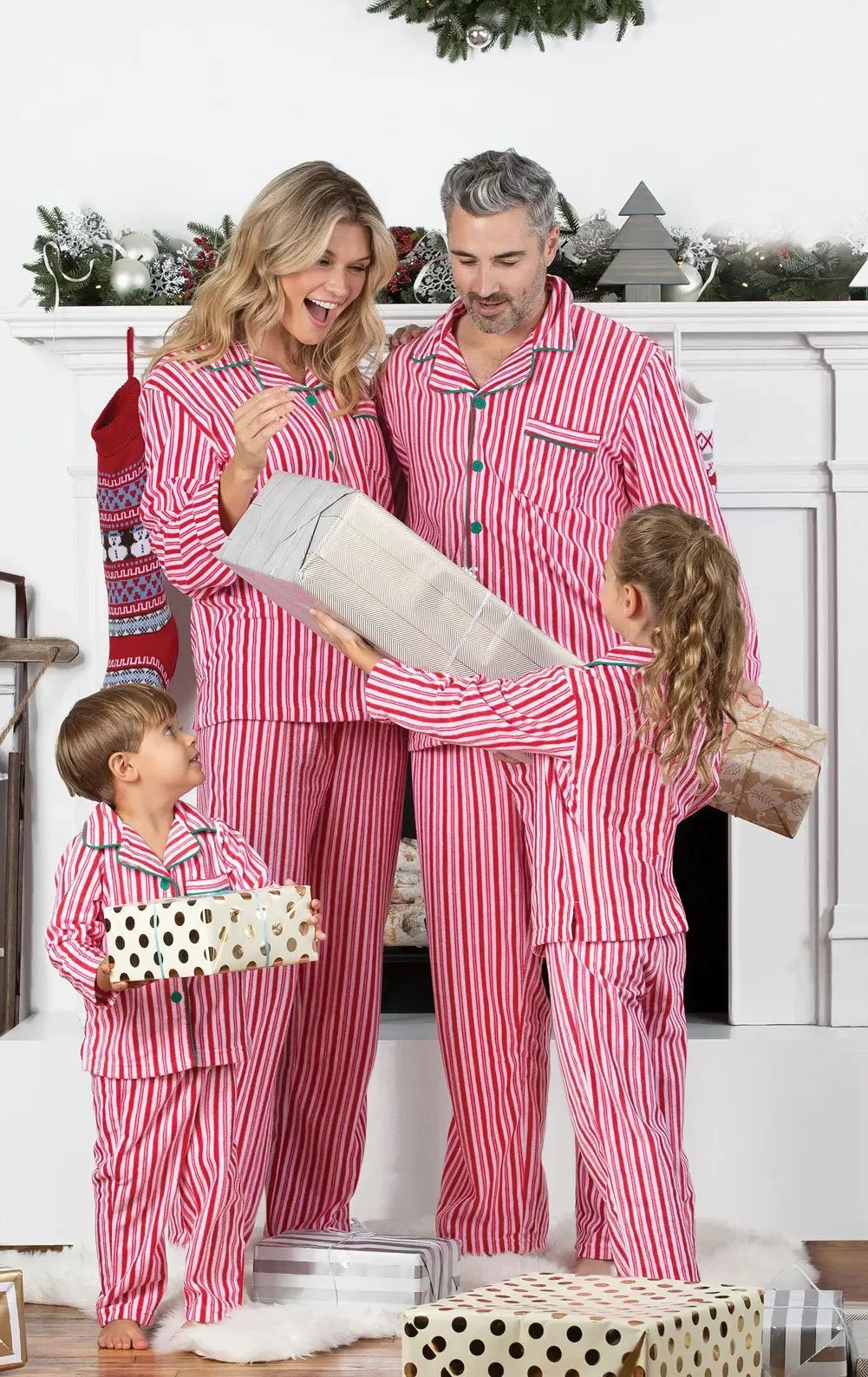 Christmas Family Matching Pajamas Set — Striped Print Button Shirt & Pants for Mom, Dad, Kids, and Baby