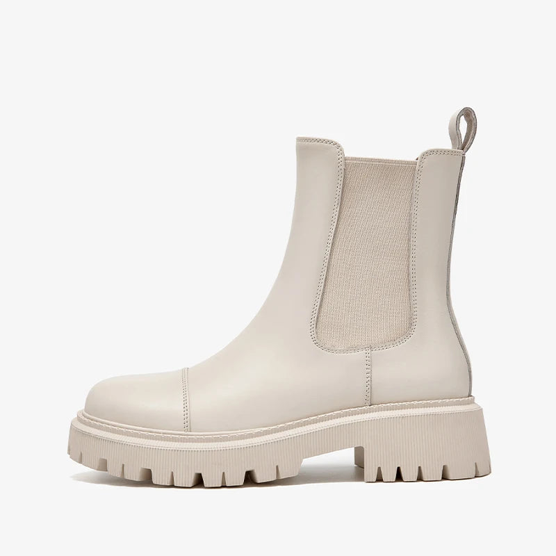 Women’s Genuine Cow Leather Ankle Boots – White Round Toe Platform Boots with Stitching Design