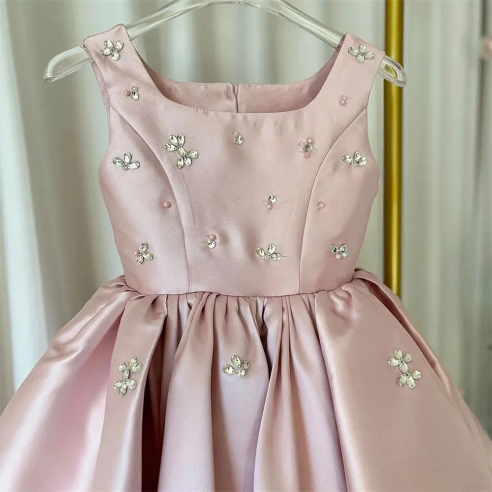 Princess Satin Flower Girl Dress with Crystals & Pearls – Kids Ball Gown for Wedding, Birthday, or First Communion