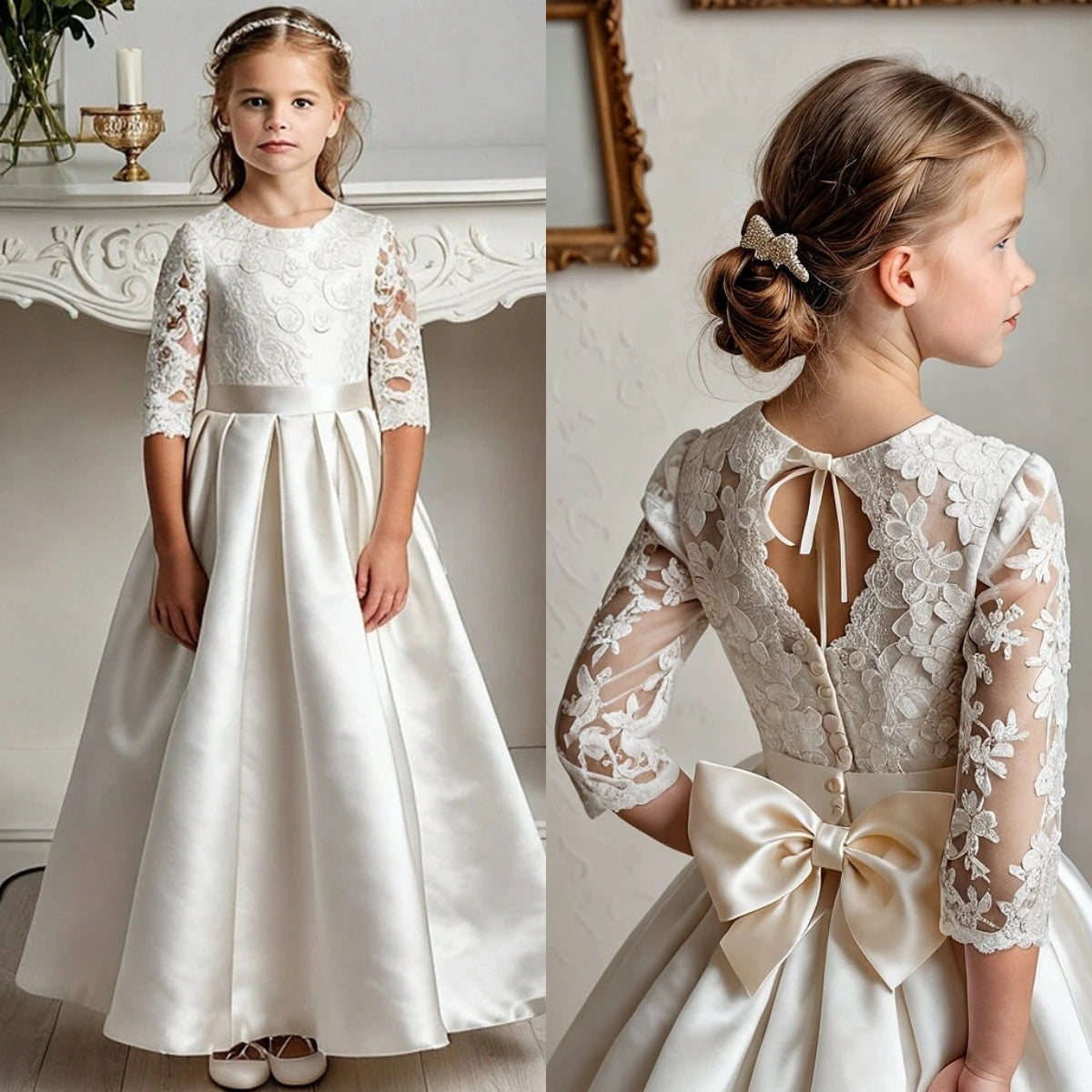 Elegant A-Line Flower Girl Dress Satin Lace Printing Idyllic First Communion Gowns  Kids Girls Birthday Party Evening Gown - HER SHOP