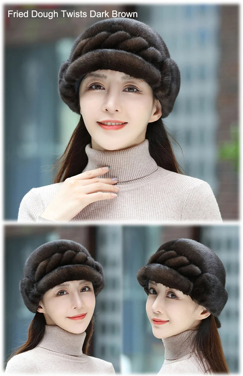 Russian Fur Hat Winter Warm Natural Mink Fur Hats for Women Classic Luxury Caps Earflap Christmas Hat Luxury Lady Real Mink Hat