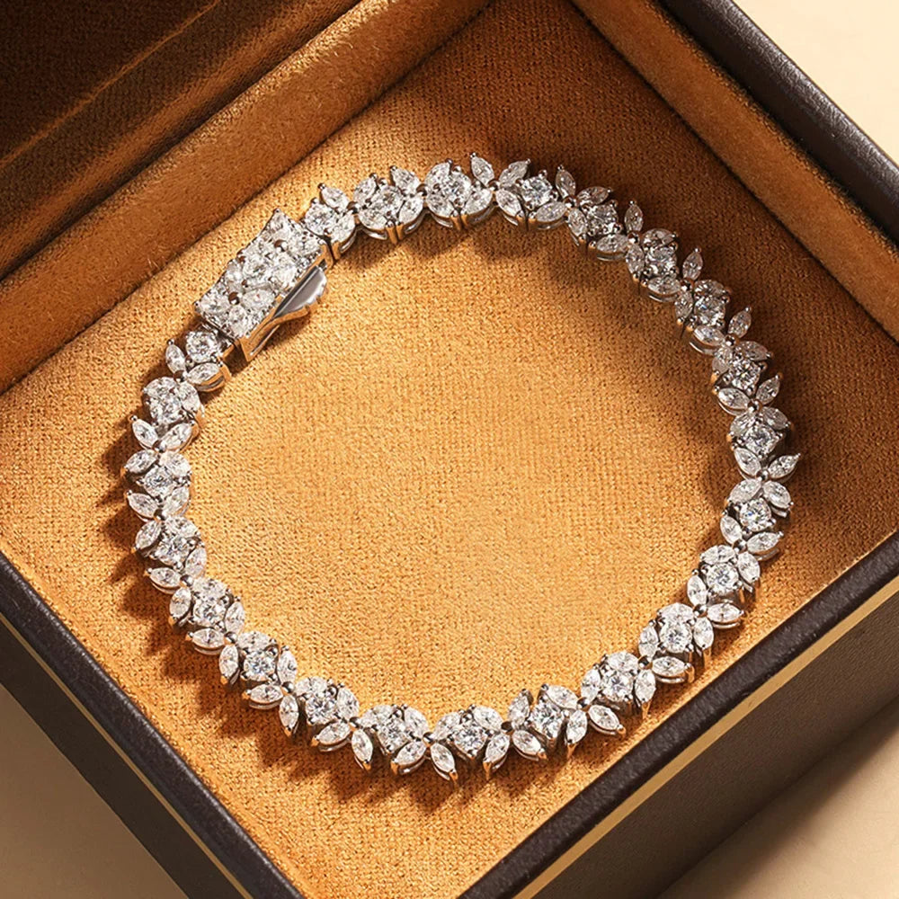 Four Petal Flower Marquise Round Cut Moissanite Diamond Tennis Bracelet for Women 925 Sterling Silver Wedding Fine Jewelry GRA - HER SHOP