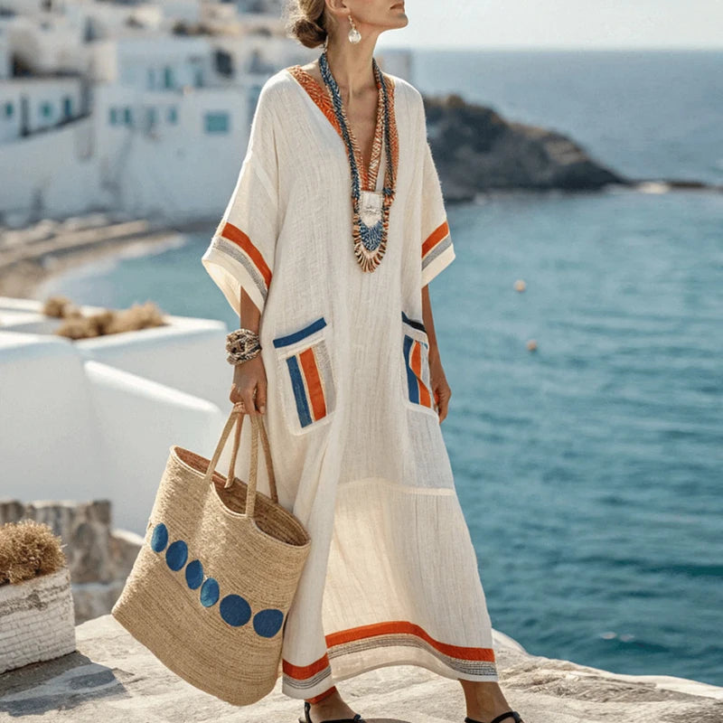 Elegant Lady 3/4 Sleeve Big Hem Vestidos Dress Simple Stripe Printed Pocket A-line Dress Fashion New V Neck Loose Leisure Robes - HER SHOP