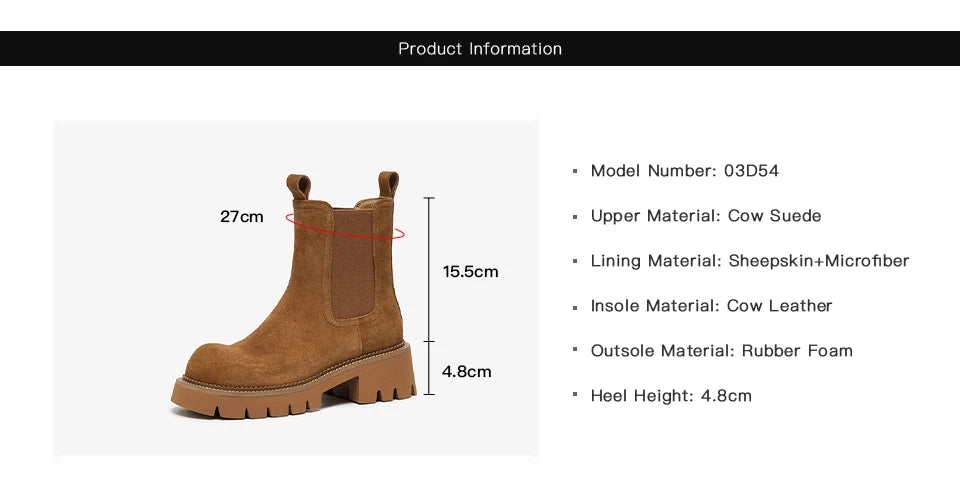 Women’s Cow Suede Platform Chelsea Ankle Boots – Round Toe with Elastic Band and Stitching Design