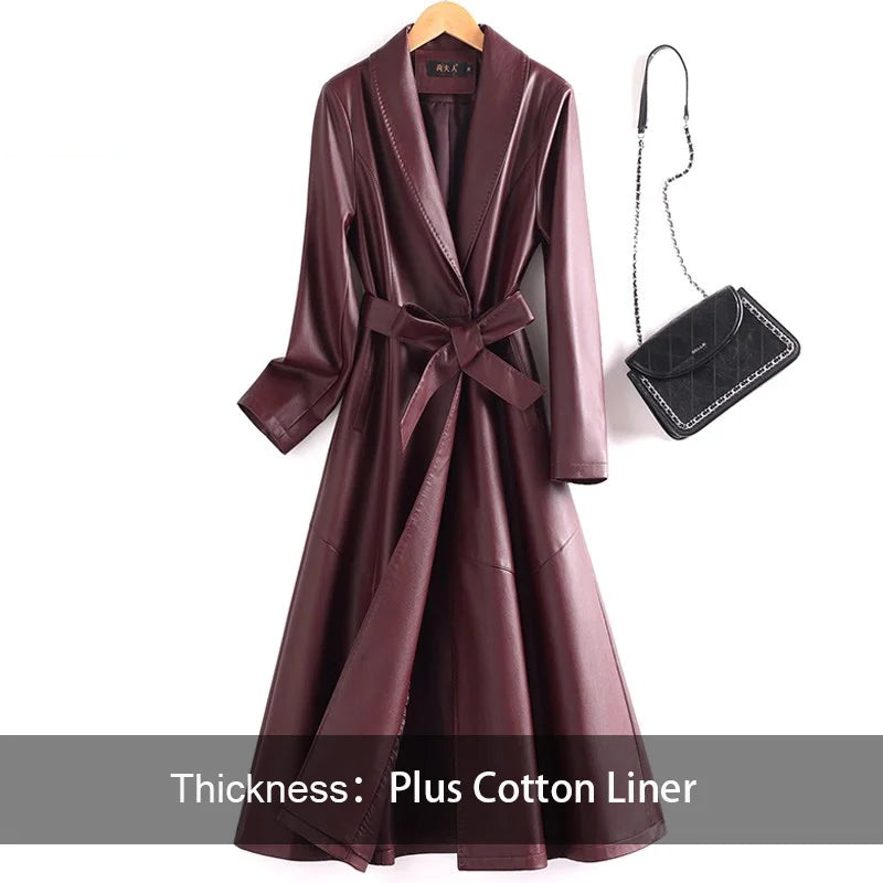 New Elegant Women’s Split Leather Trench Coat | Slim Waist Belted Long Coat with Suit Collar | Spring & Autumn Fashion Casual Outerwear
