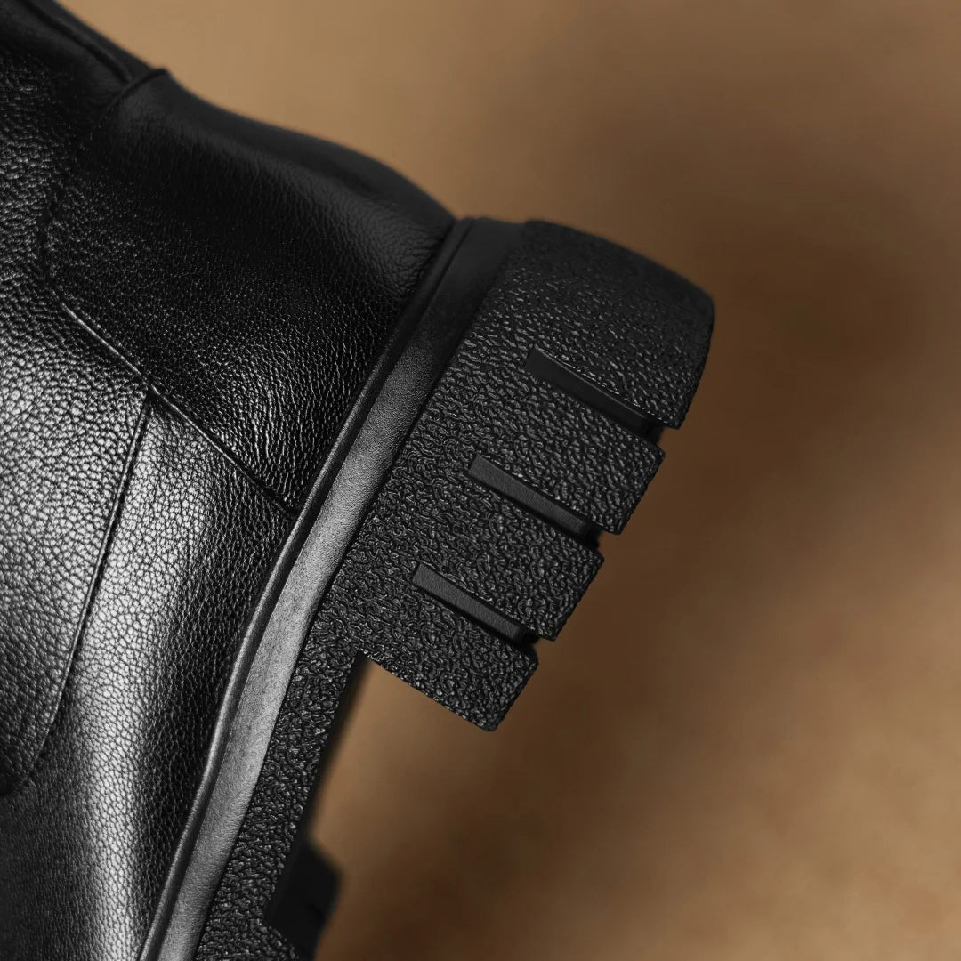 Women’s Genuine Sheepskin Ankle Boots with Side Zip – Round Toe, Soft Comfort, Thick Sole Casual Boots for Autumn